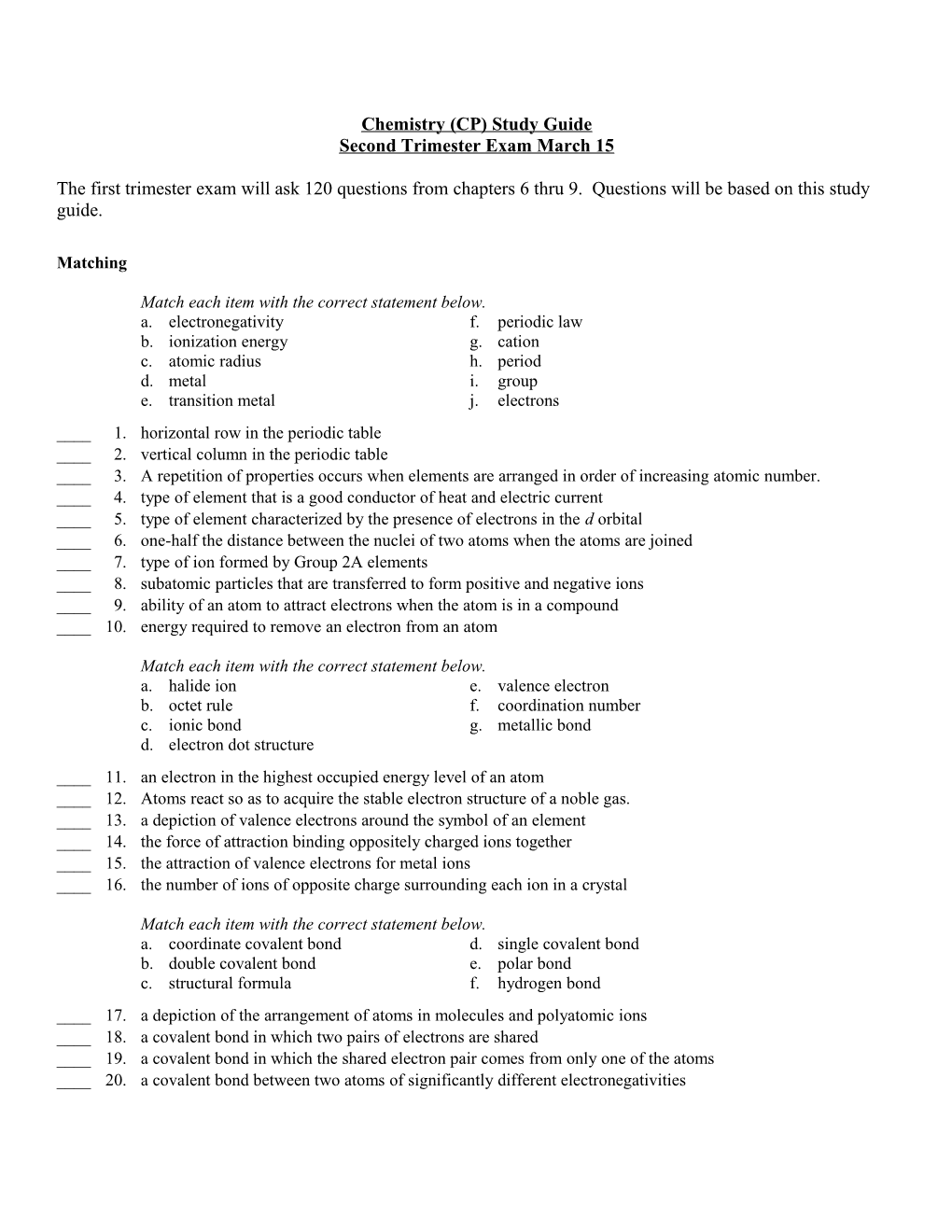 Chemistry Second Trimex Study Guide