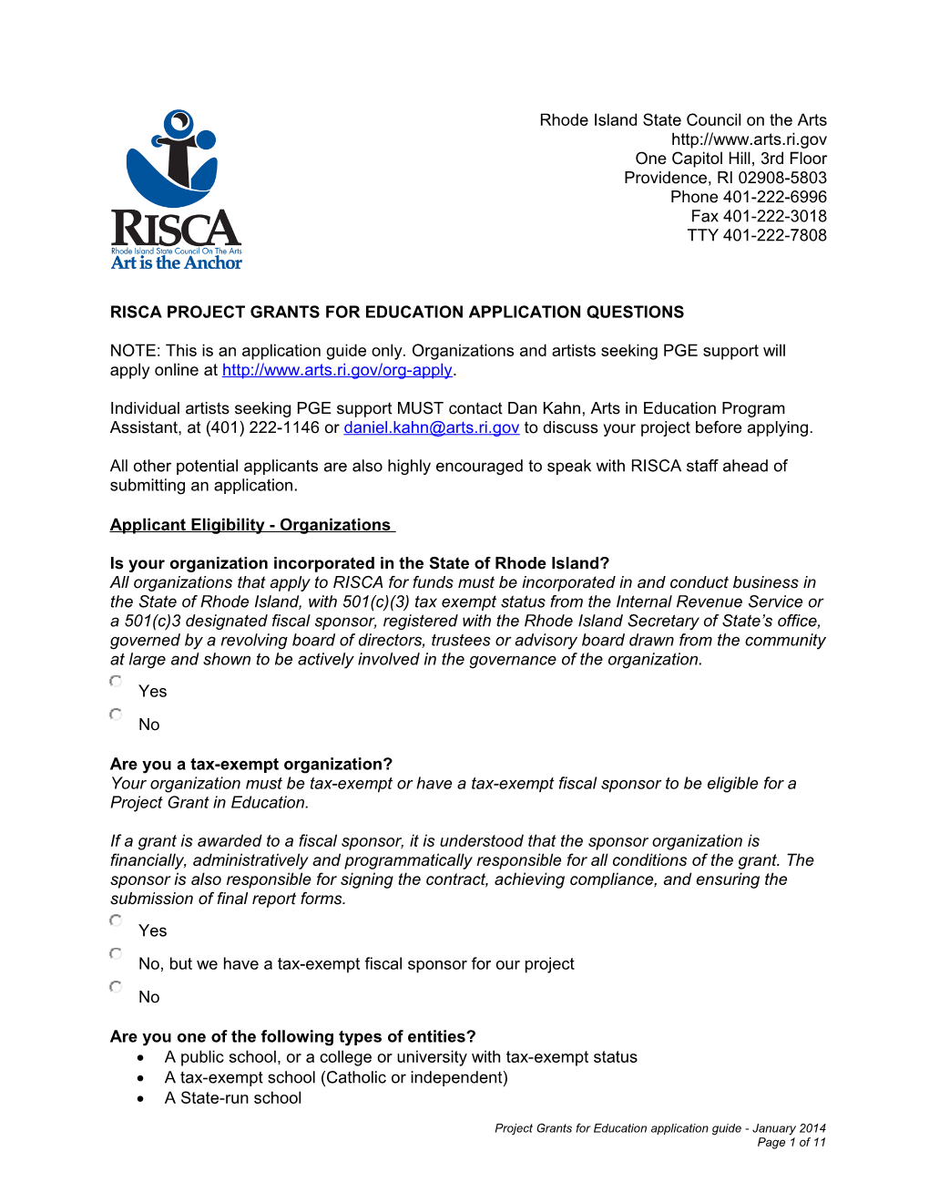 Risca Project Grants for Education Application Questions