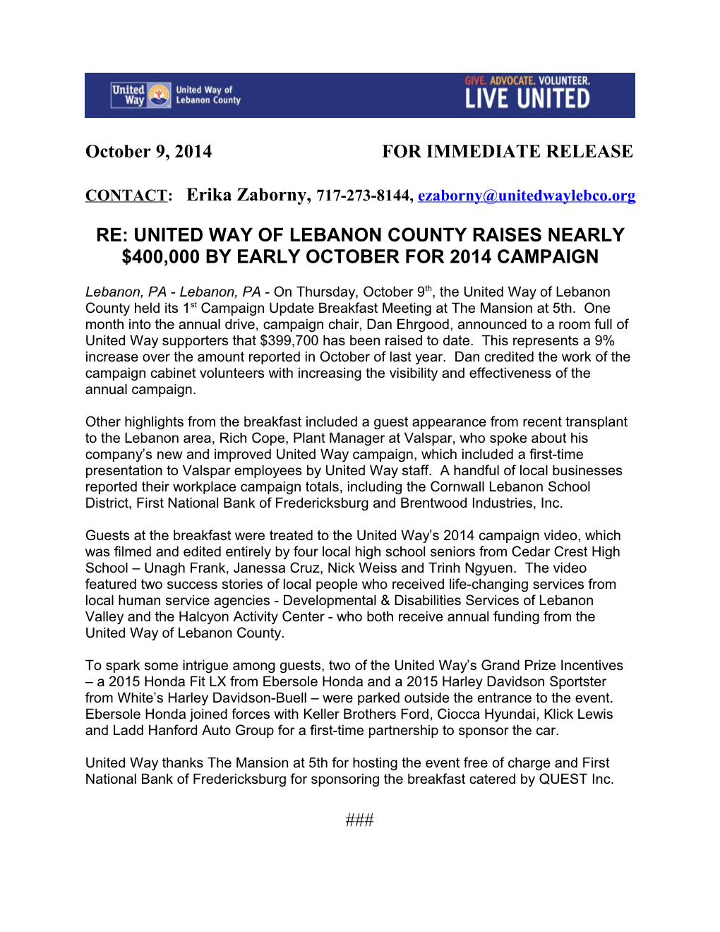 Re: United Way of Lebanon County Raises Nearly $400,000 by Early October for 2014 Campaign