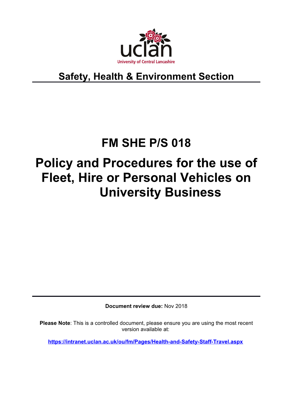 Policy and Procedures for the Use of Fleet Hire Or Personal Vehicles on University Business