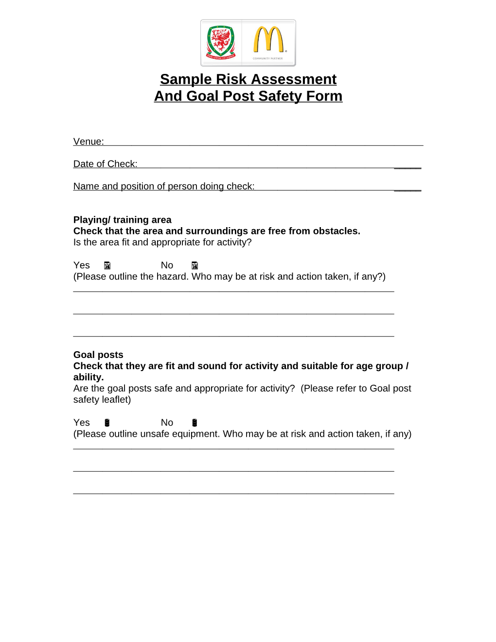 Sample Risk Assessment / Goal Post Safety Form