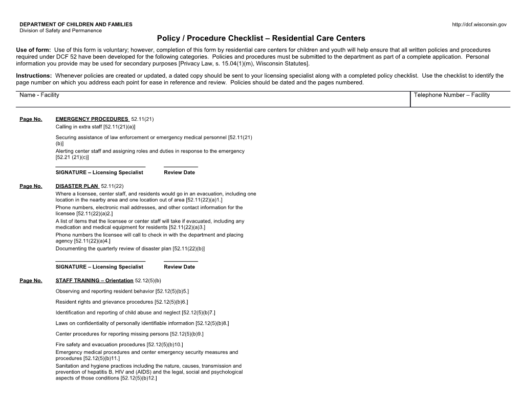 Policy / Procedure Checklist - Residential Care Centers, DCF-F-CFS2168