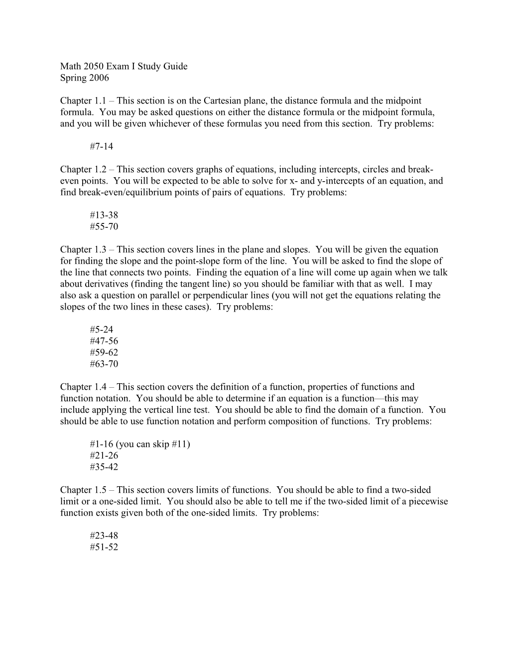 Math 2050 Exam I Study Guide