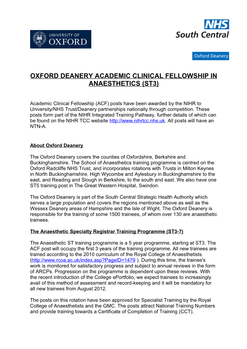 Oxford Deanery Specialty Training Programme in Anaesthesia s1