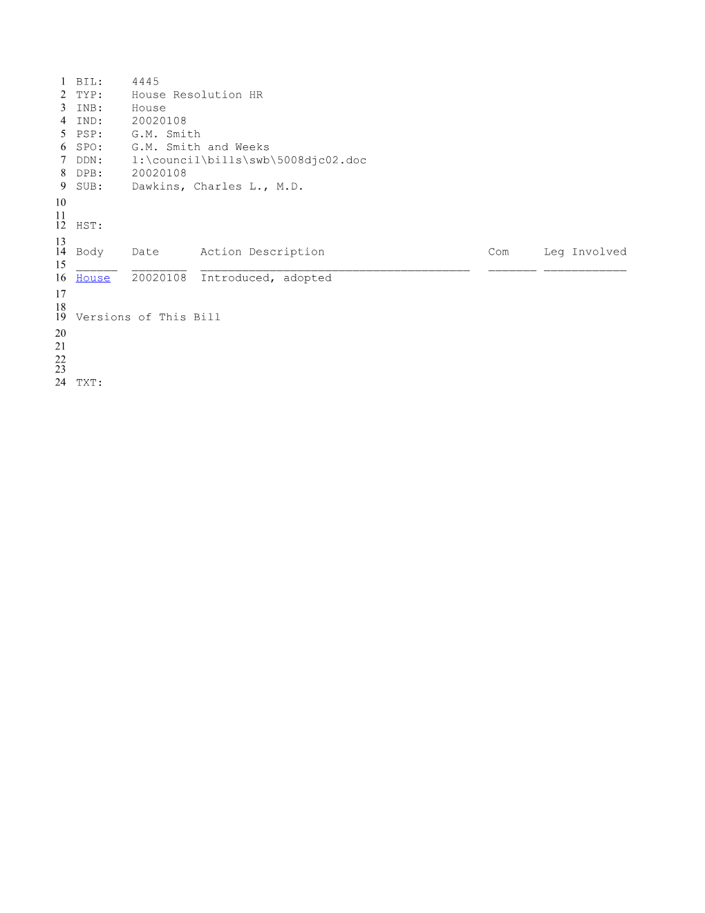 2001-2002 Bill 4445: Dawkins, Charles L., M.D. - South Carolina Legislature Online