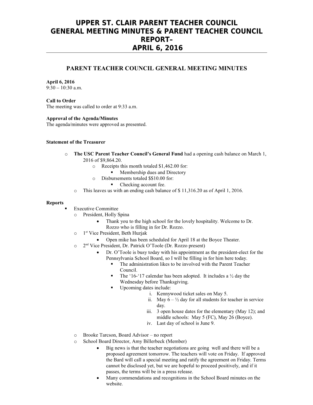 General Meeting Minutes & Parent Teacher Council Report