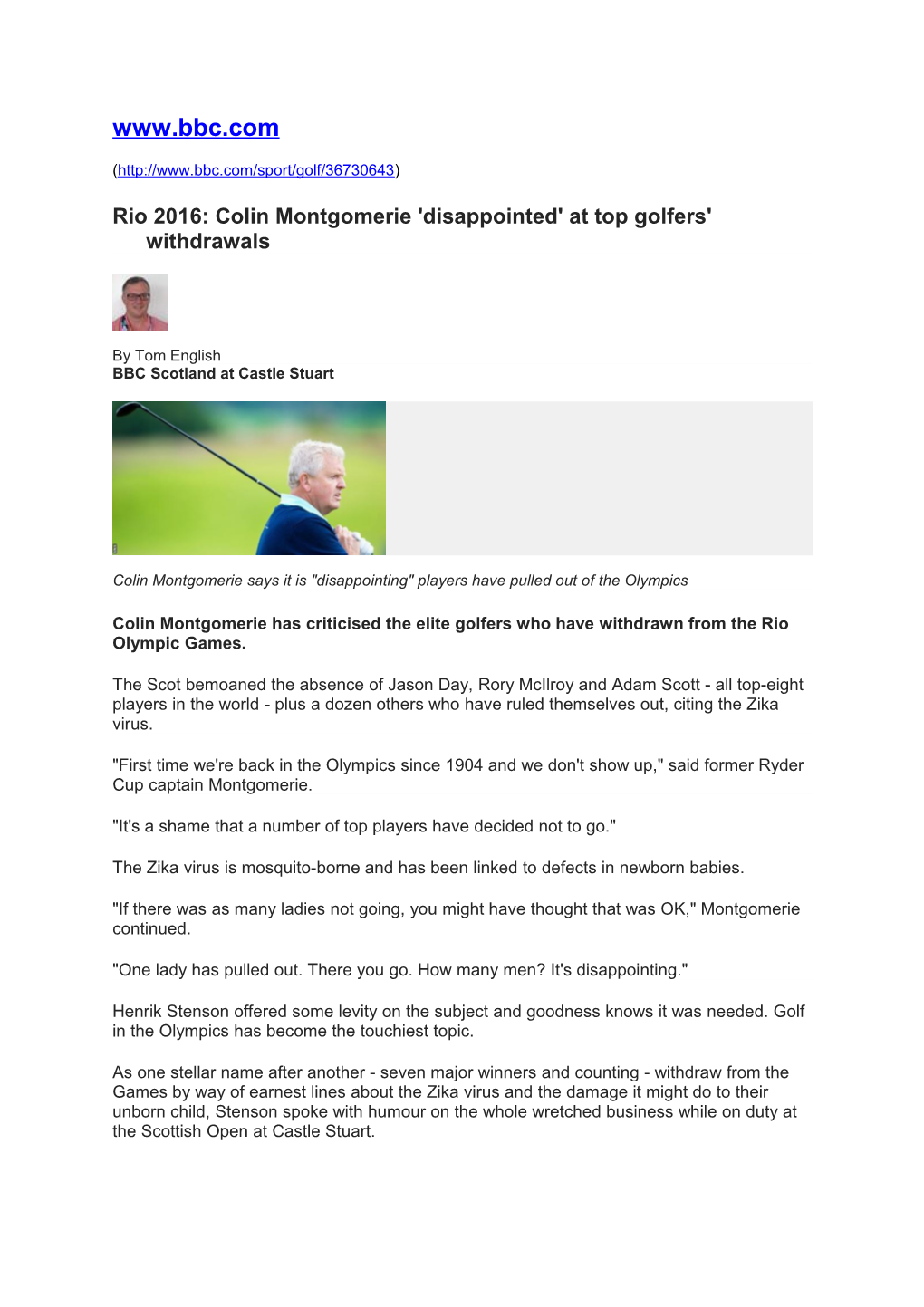 Rio 2016: Colin Montgomerie 'Disappointed' at Top Golfers' Withdrawals
