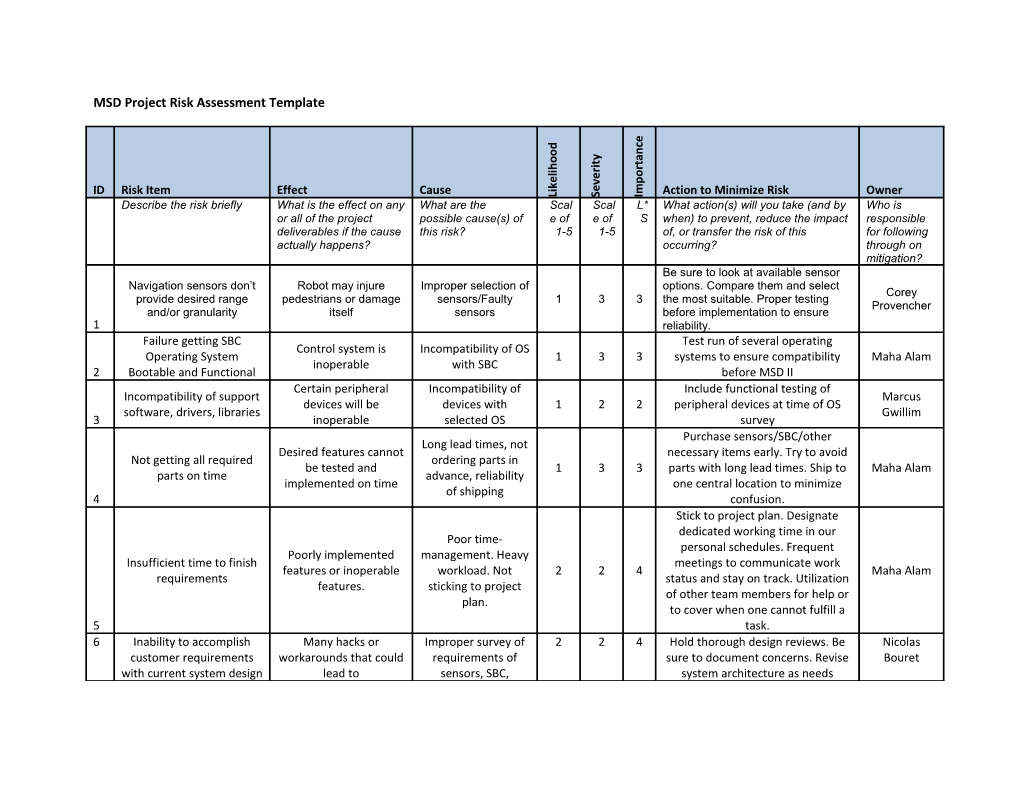 MSD Project Risk Assessment Template