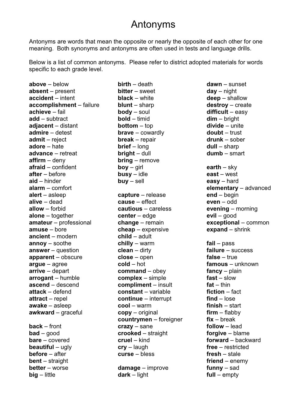 List of Common Antonyms