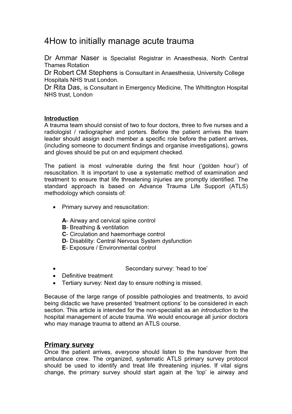 An Introduction to the Initial Hospital Management of Acute Trauma