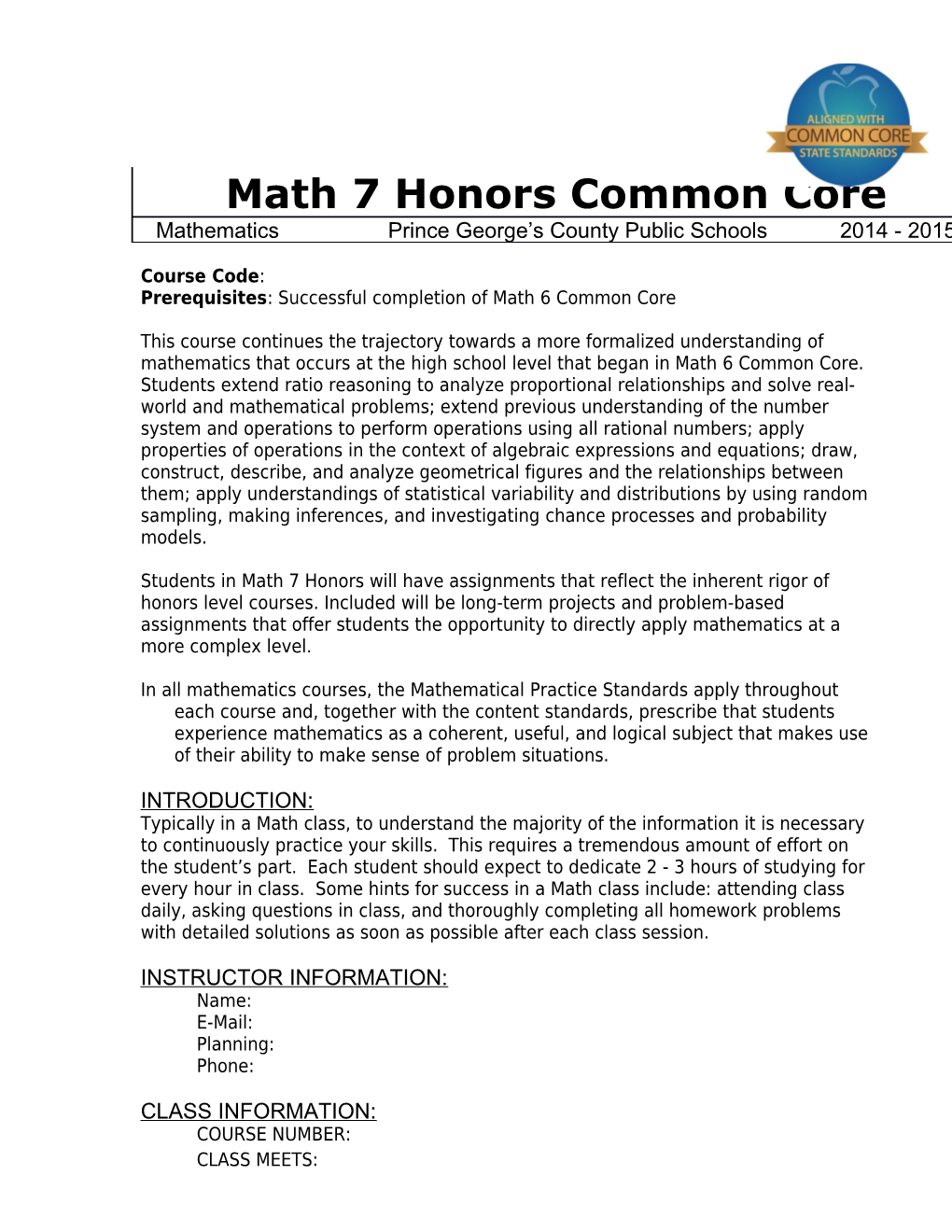 Math 7 Honors Common Core