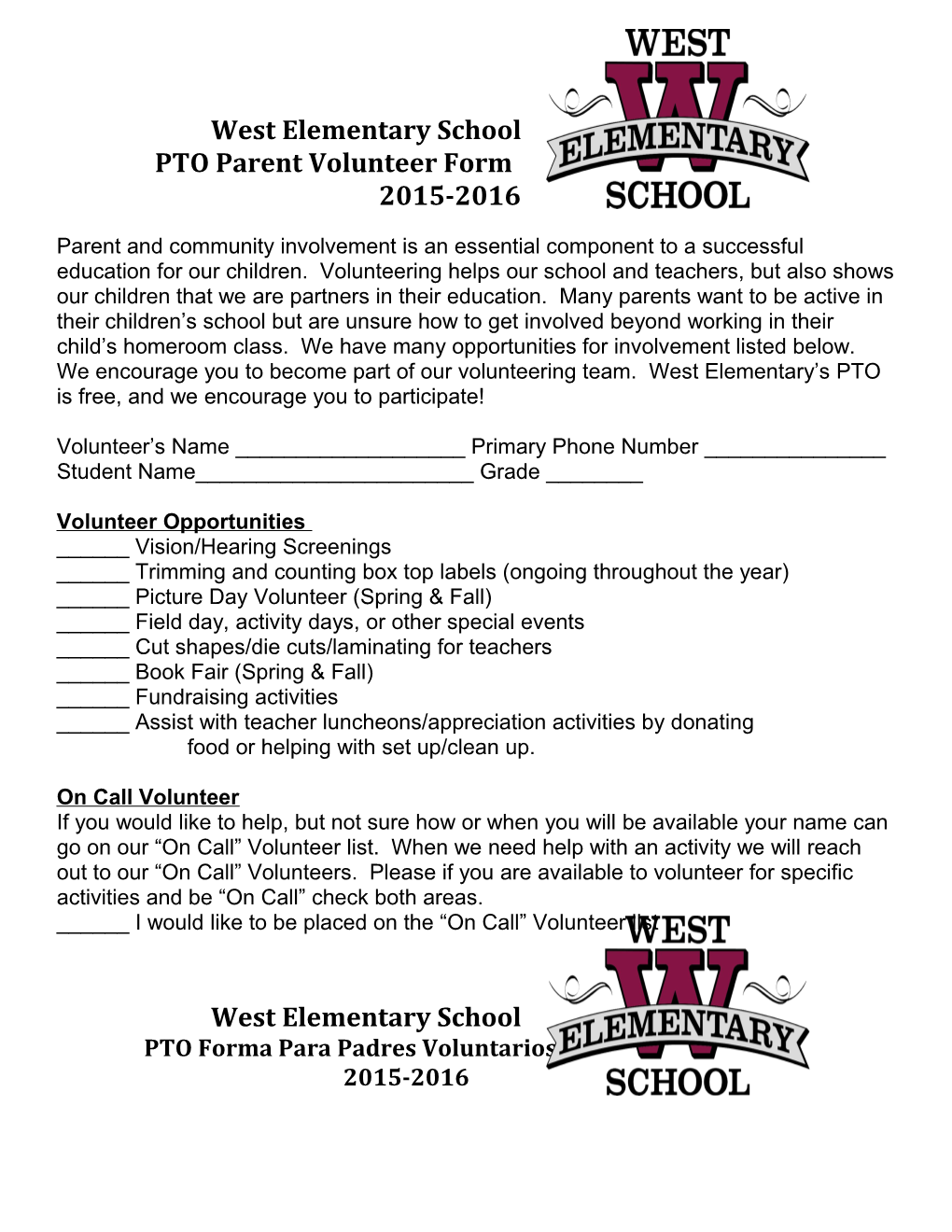 PTO Parent Volunteer Form