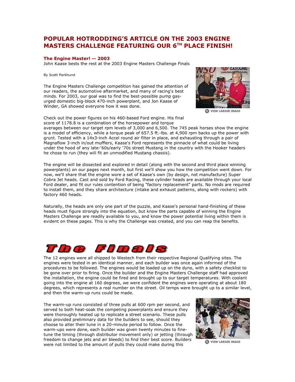 Popular Hotrodding S Article on the 2003 Engine Masters Challenge Featuring Our 6Th Place Finish