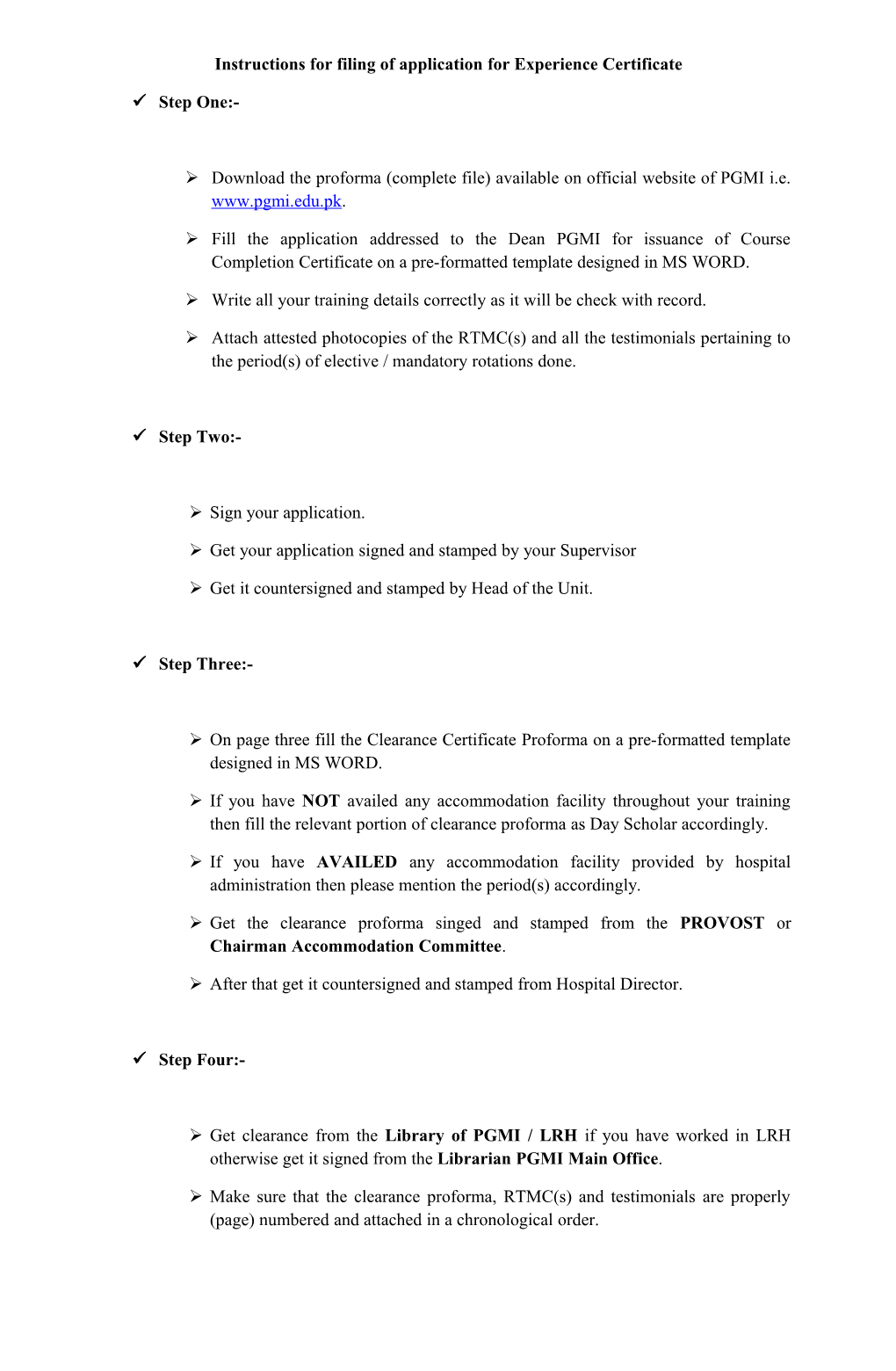 Instructions for Filing of Application for Experience Certificate