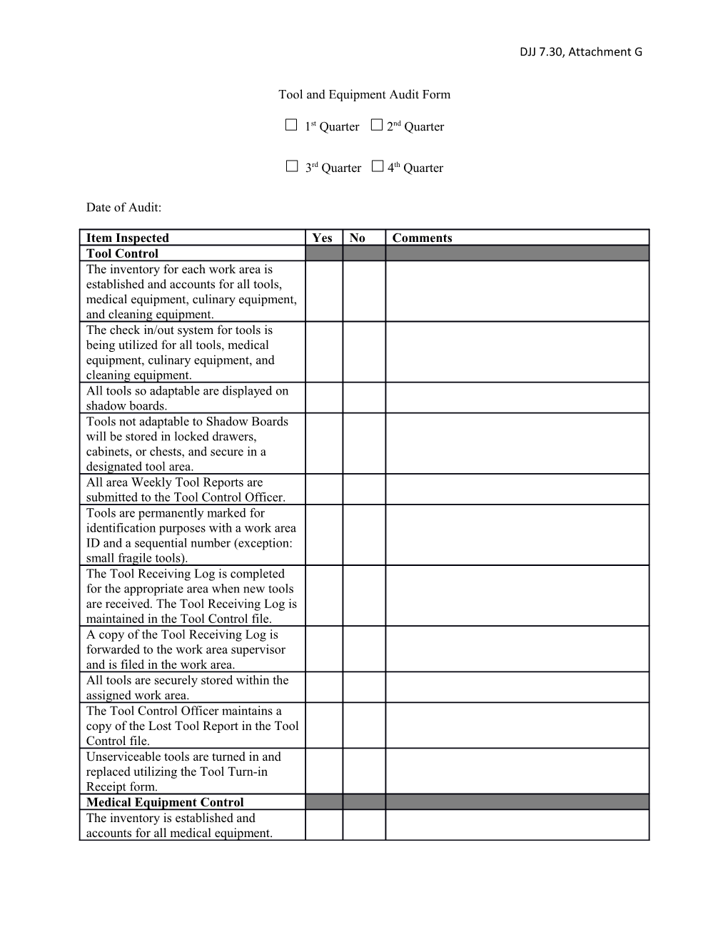 Tool and Equipment Audit Form