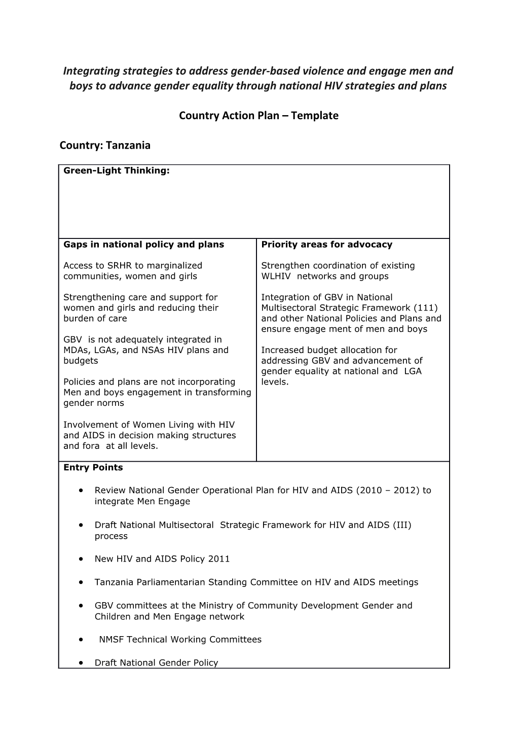 Country Action Plan Template