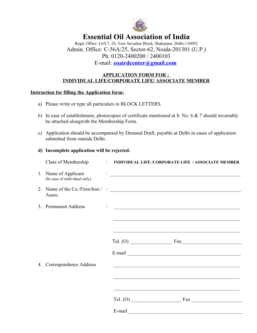 Application Form for Individual/Corporate Membership