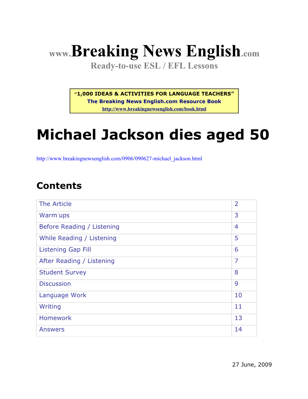 ESL Lesson: Michael Jackson Dies Aged 50