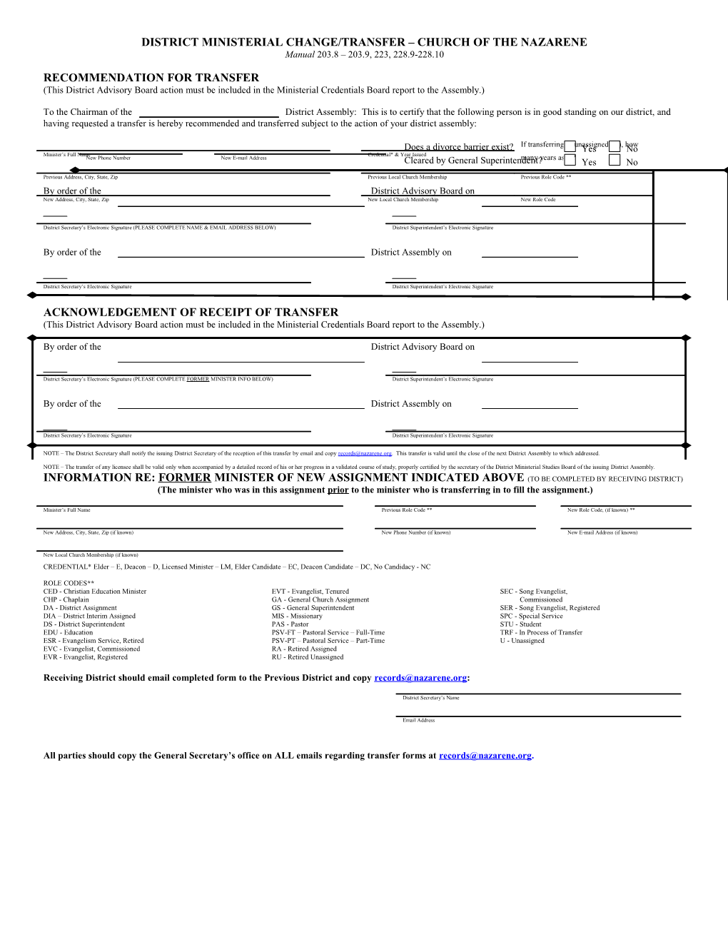 District Ministerial Change/Transfer – Church Of The Nazarene