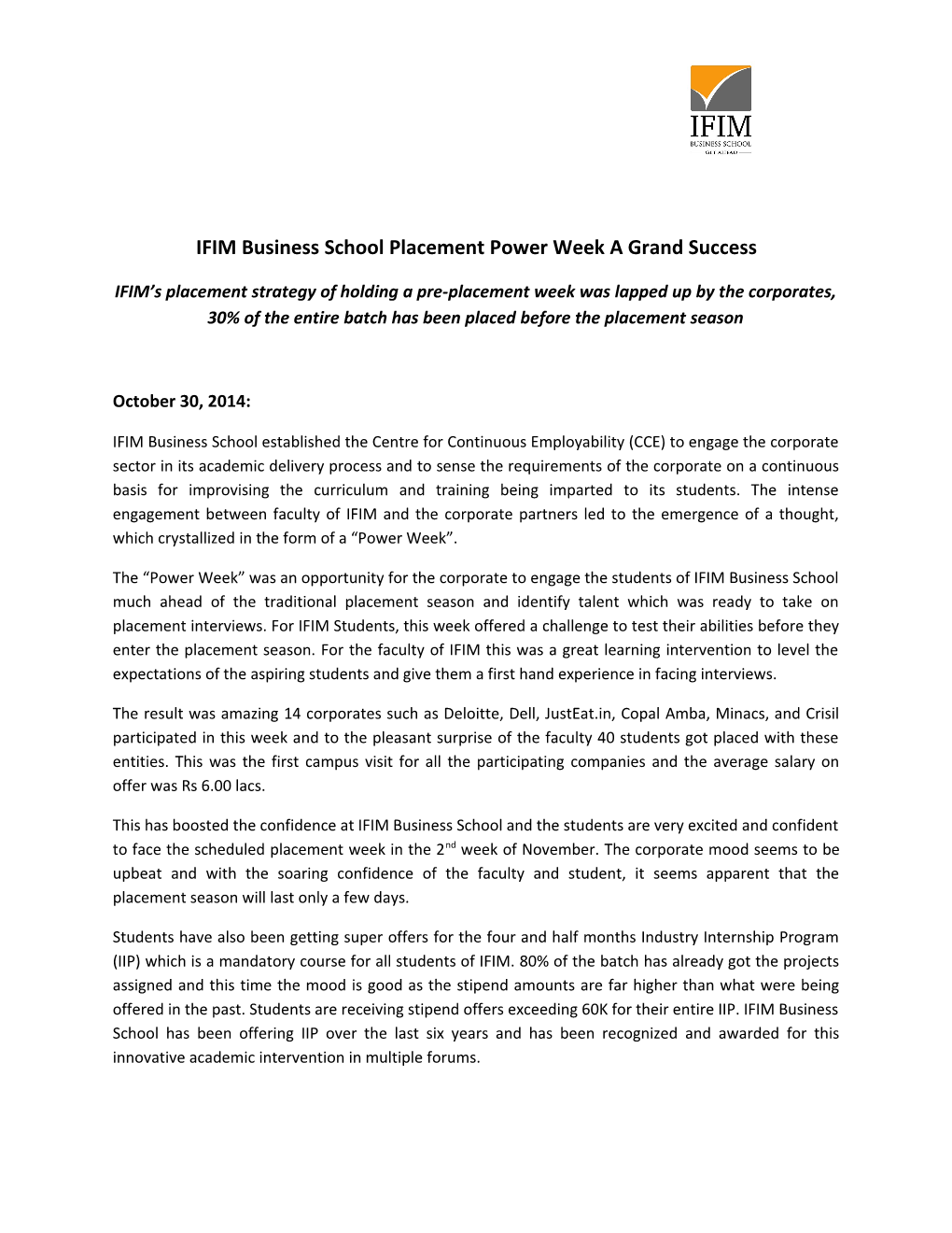 IFIM Business School Placement Power Week a Grand Success