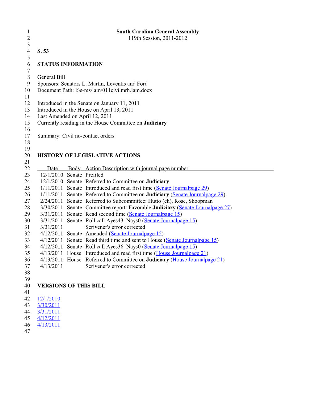 2011-2012 Bill 53: Civil No-Contact Orders - South Carolina Legislature Online