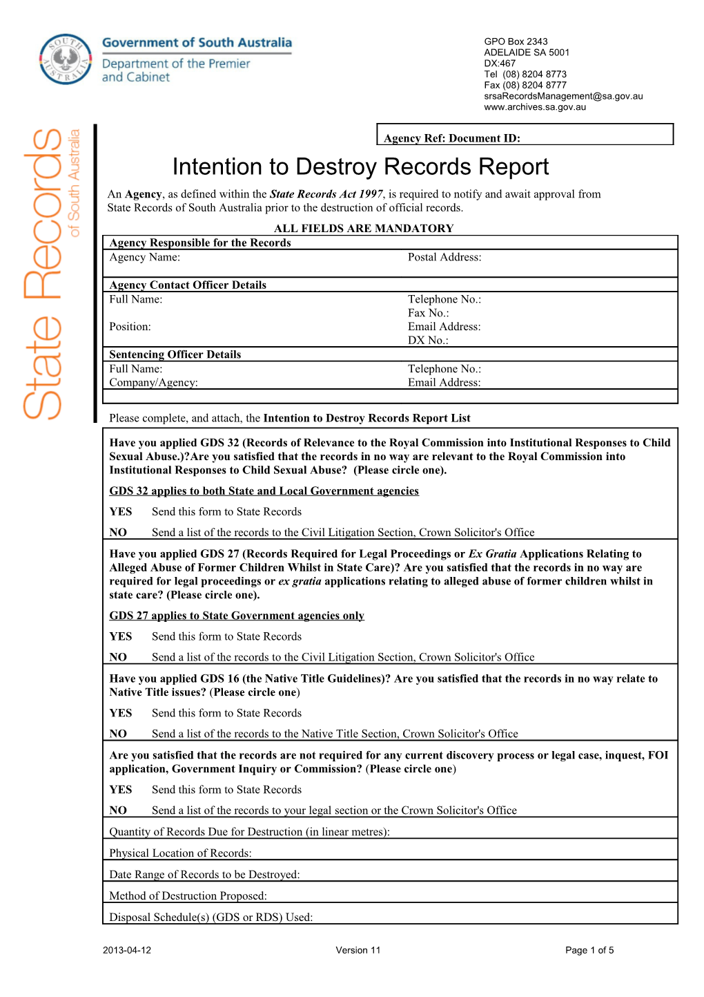 20130424 Intention to Destroy Records Report Final V11