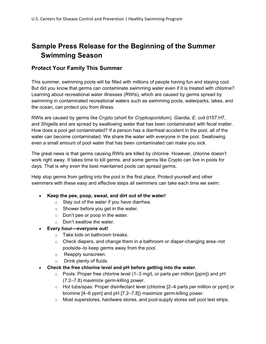 Sample Press Release for the Beginning of the Summer Swimming Season