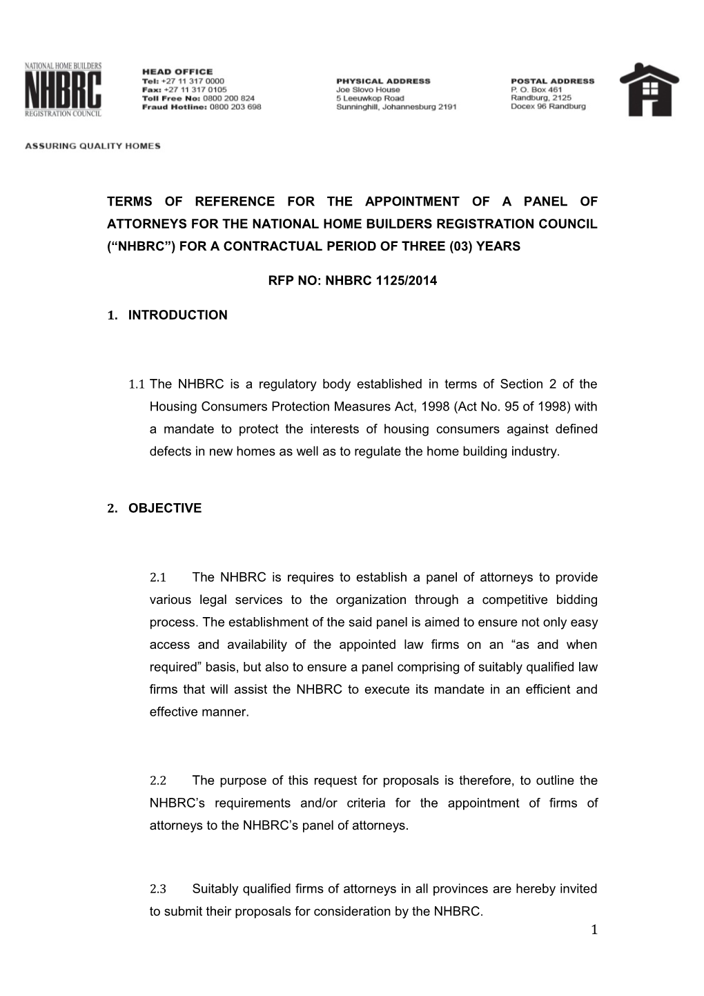 Terms of Reference for the Appointment of a Panel of Attorneys for the National Home Builders