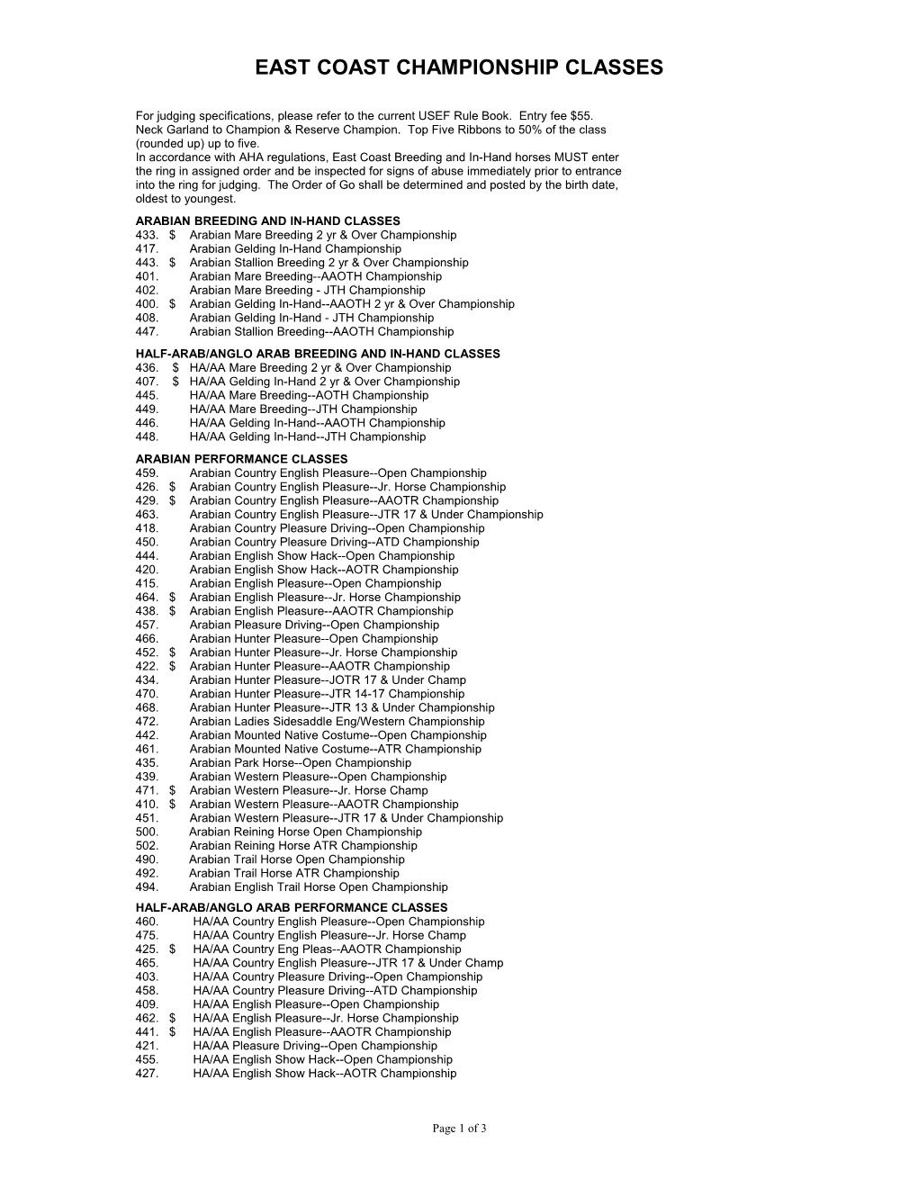 For Judging Specifications, Please Refer to the Current USEF Rule Book