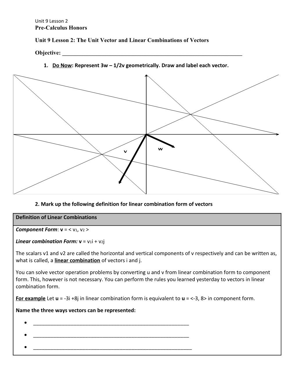 Unit 9 Lesson 2: the Unit Vector and Linear Combinations of Vectors