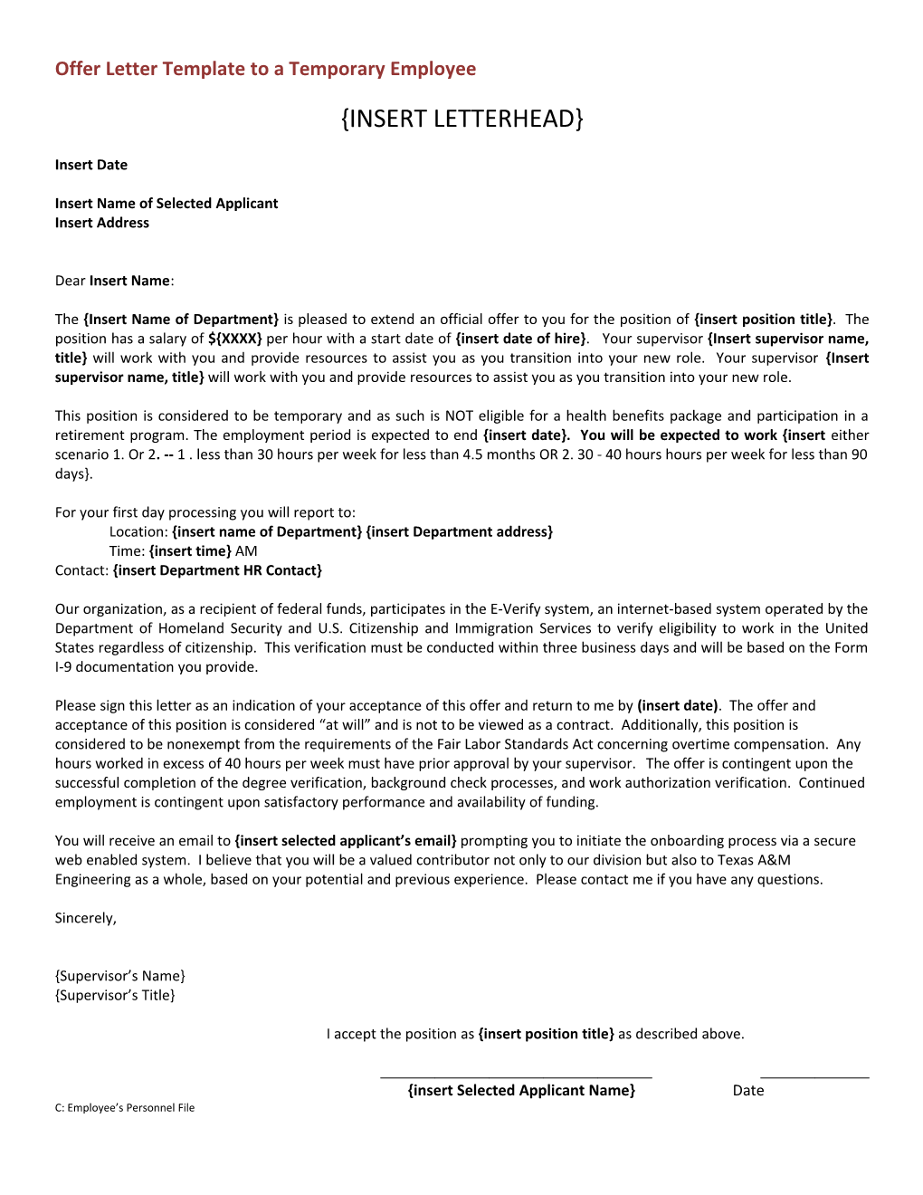 Offer Letter Template to a Temporary Employee