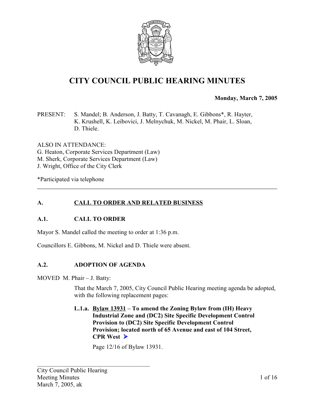 Minutes for City Council March 7, 2005 Meeting