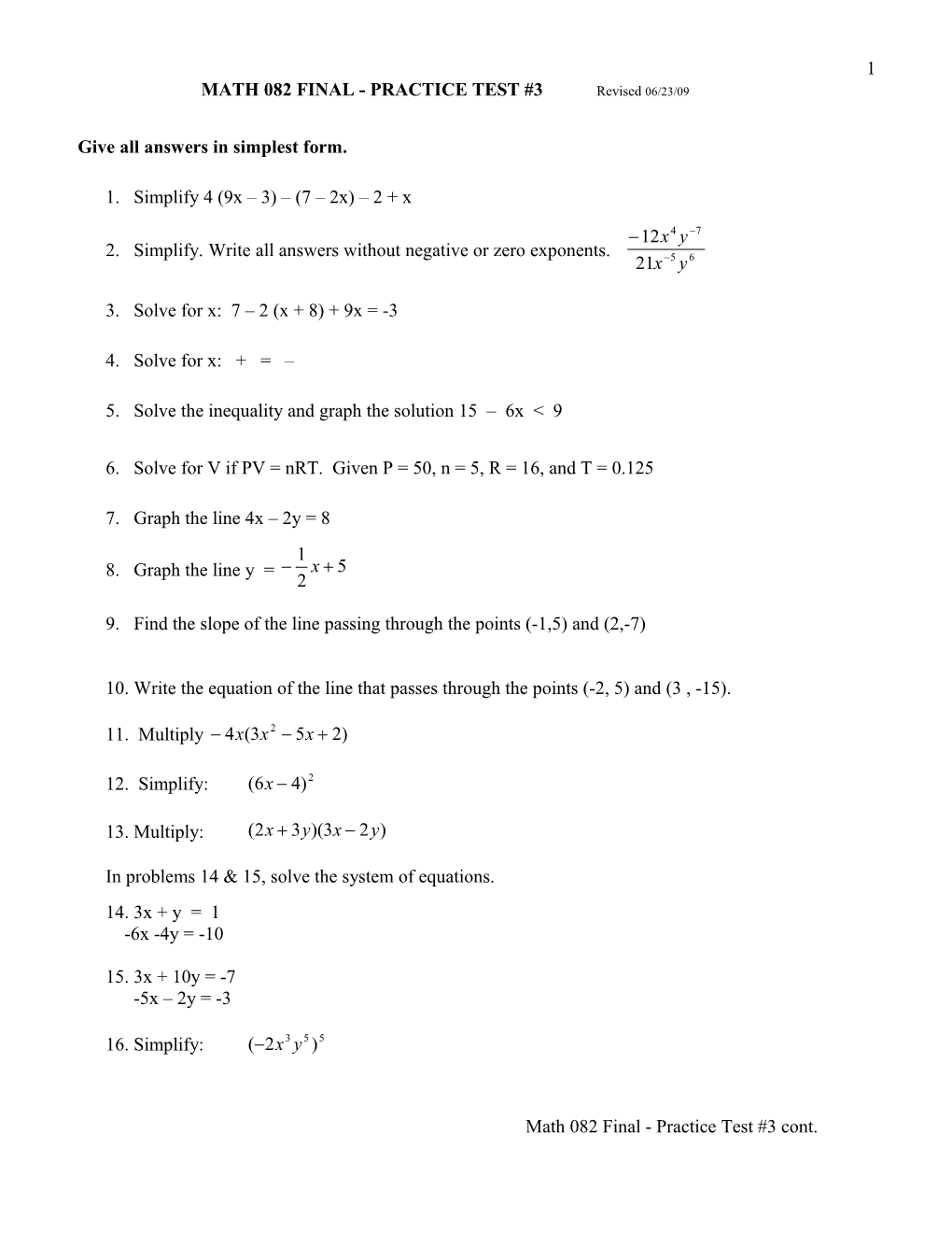 Math 082 Final - Practice Test #1 3/07