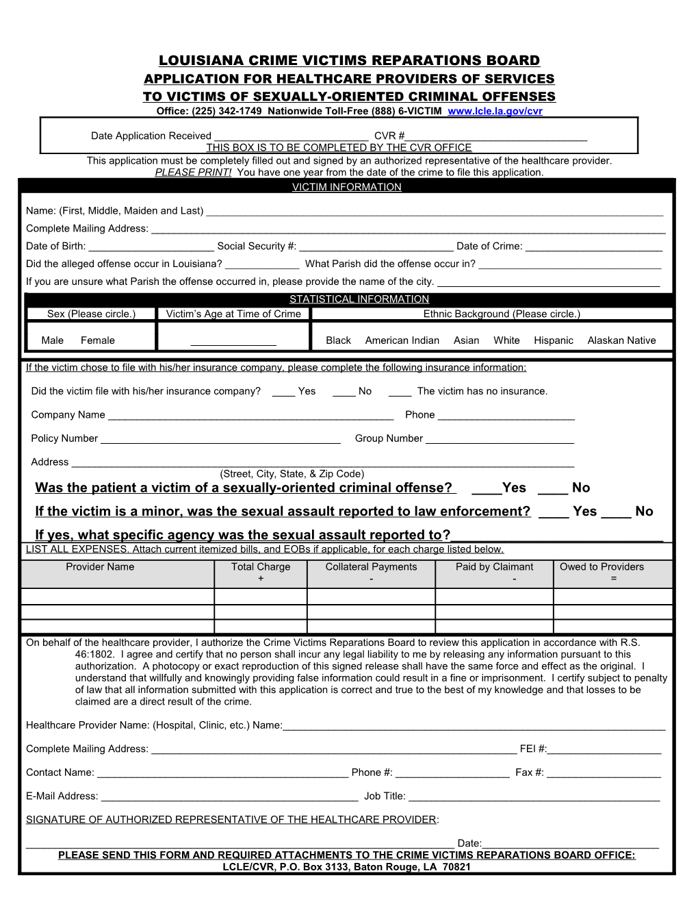 Application for Crime Victims Reparations