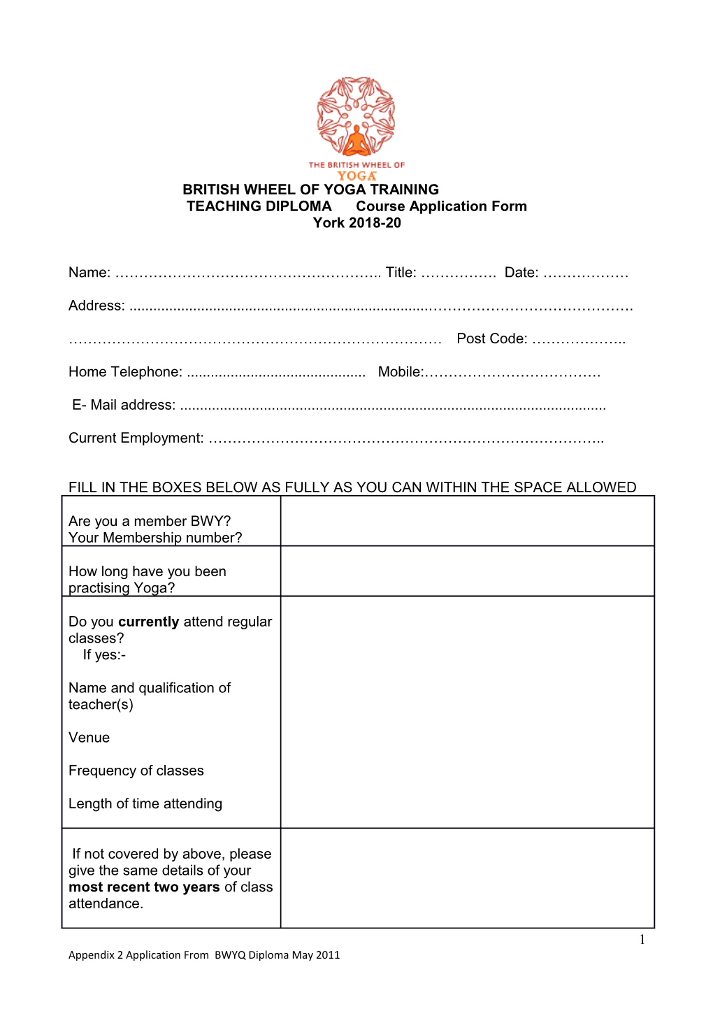 British Wheel of Yoga Foundation Course Application Form