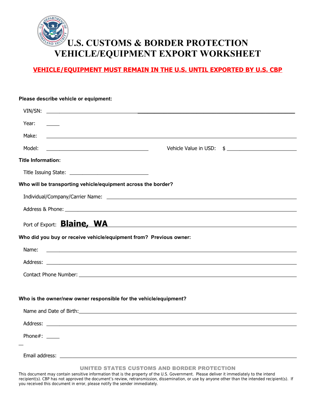 Vehicle/Equipment Export Worksheet