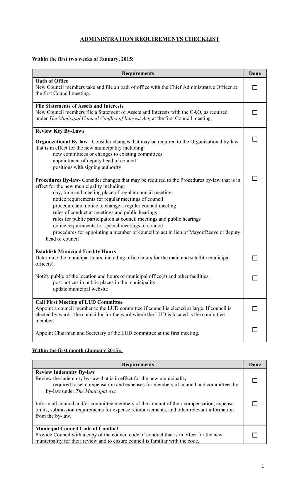 Administration Requirements Checklist