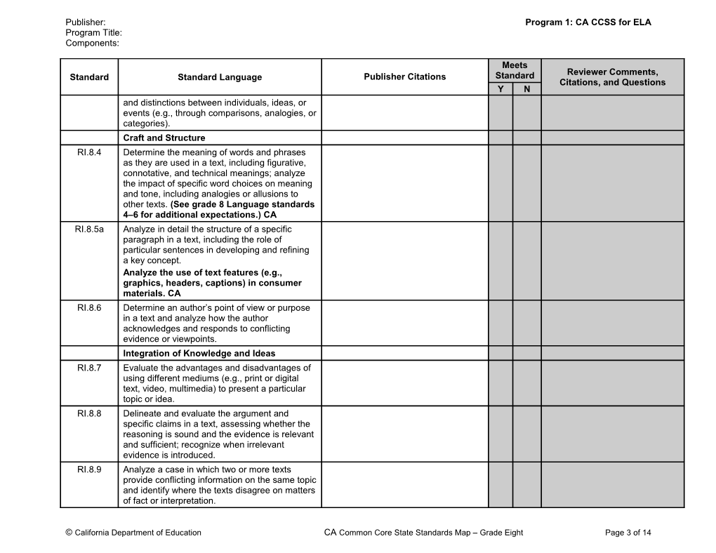 Grade 8 ELA Standards Map - Instructional Materials (CA Dept of Education)
