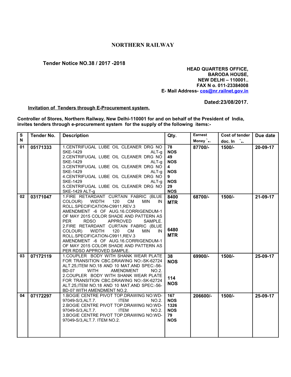 Tender Notice NO.38 / 2017 -2018