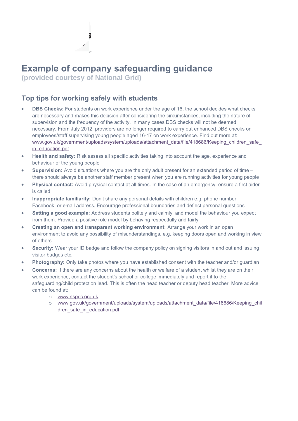 Example of Company Safeguarding Guidance