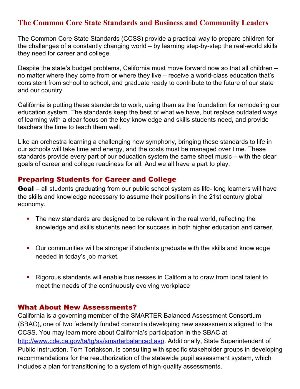 The CCSS and Business and Community Leaders - Common Core State Standards (CA Dept of Education)