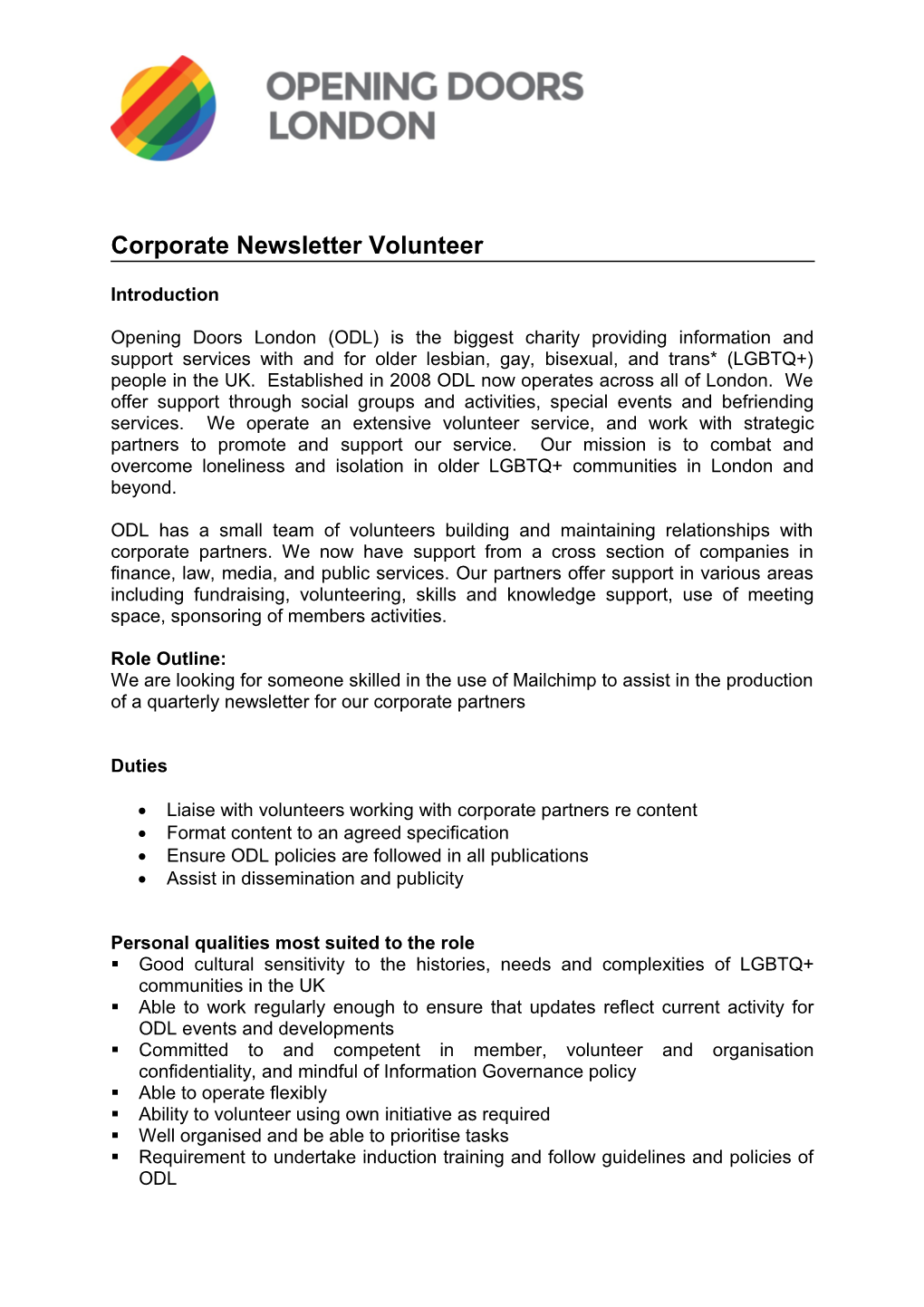 Volunteer Role Description and Person Specification