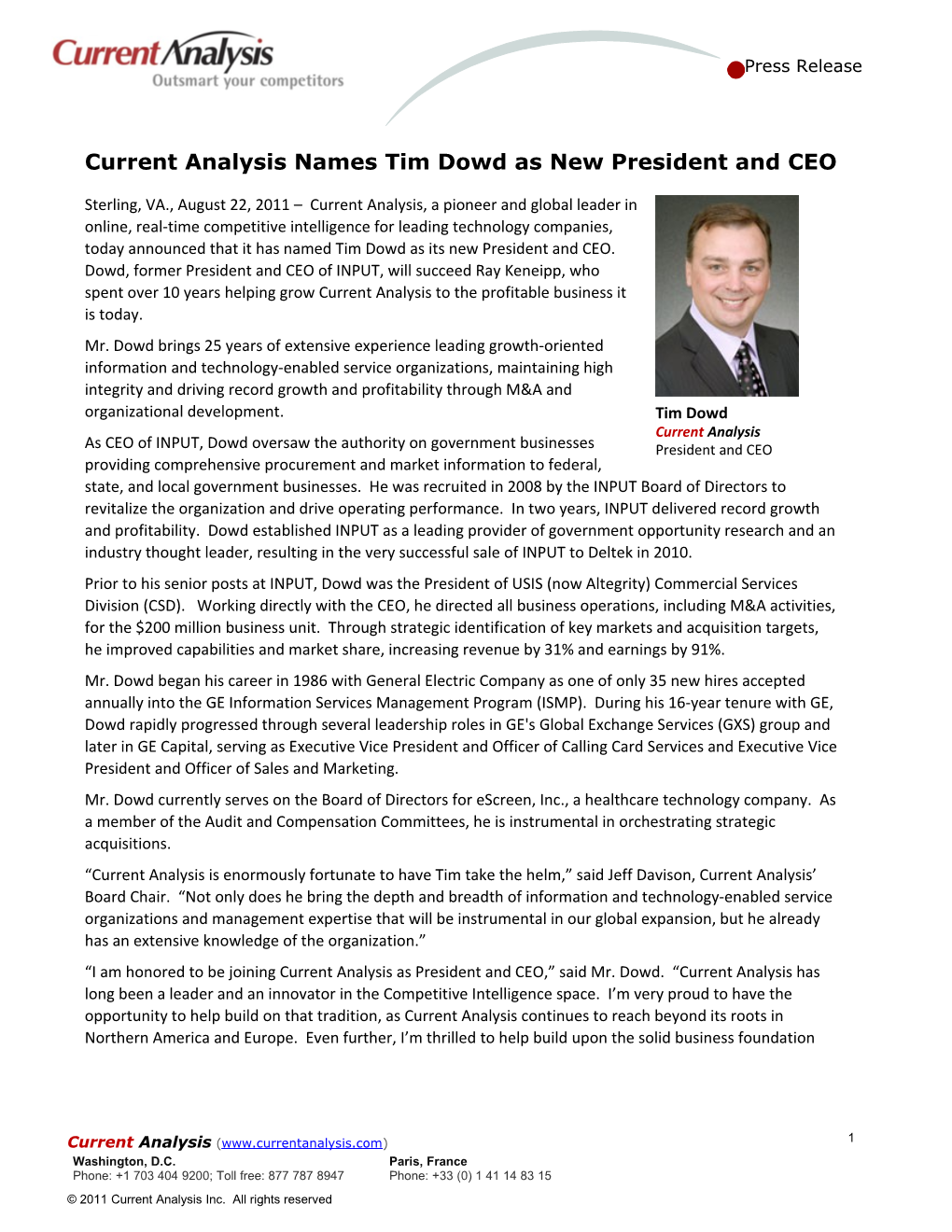 Current Analysis Names Tim Dowd As New President and CEO