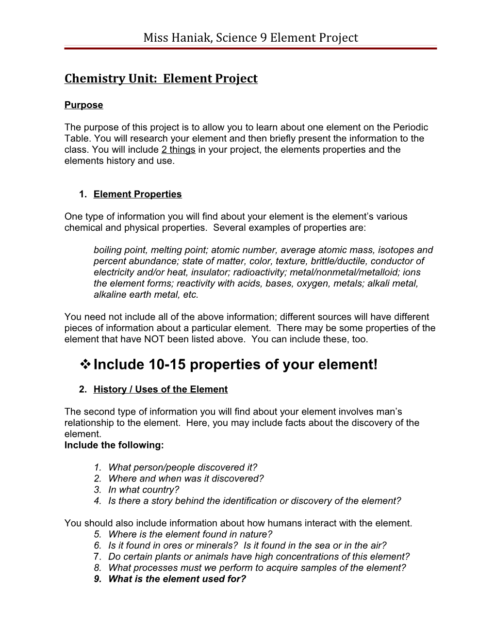 Miss Haniak, Science 9 Element Project