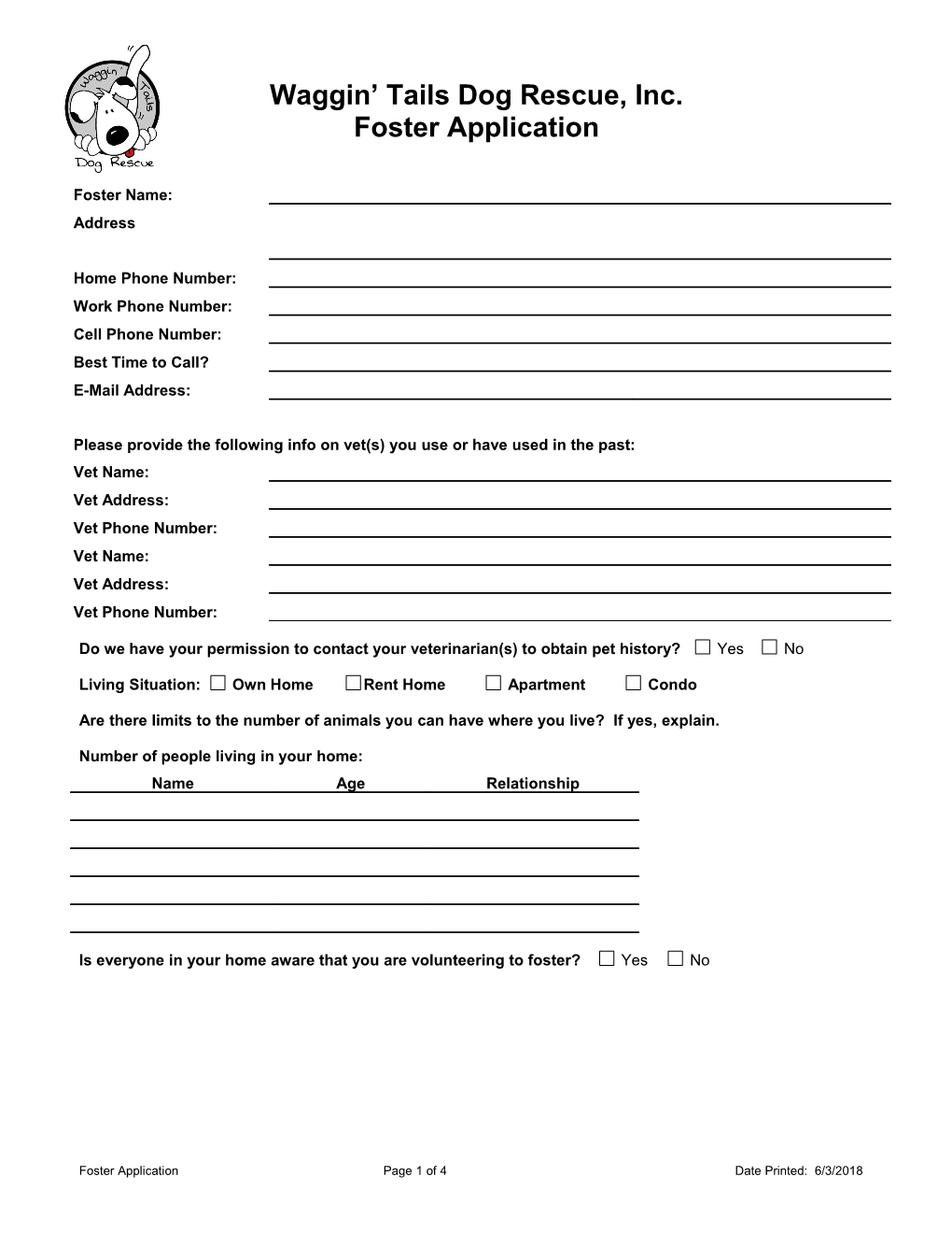 Waggin Tails Dog Rescue, Inc. Foster Application