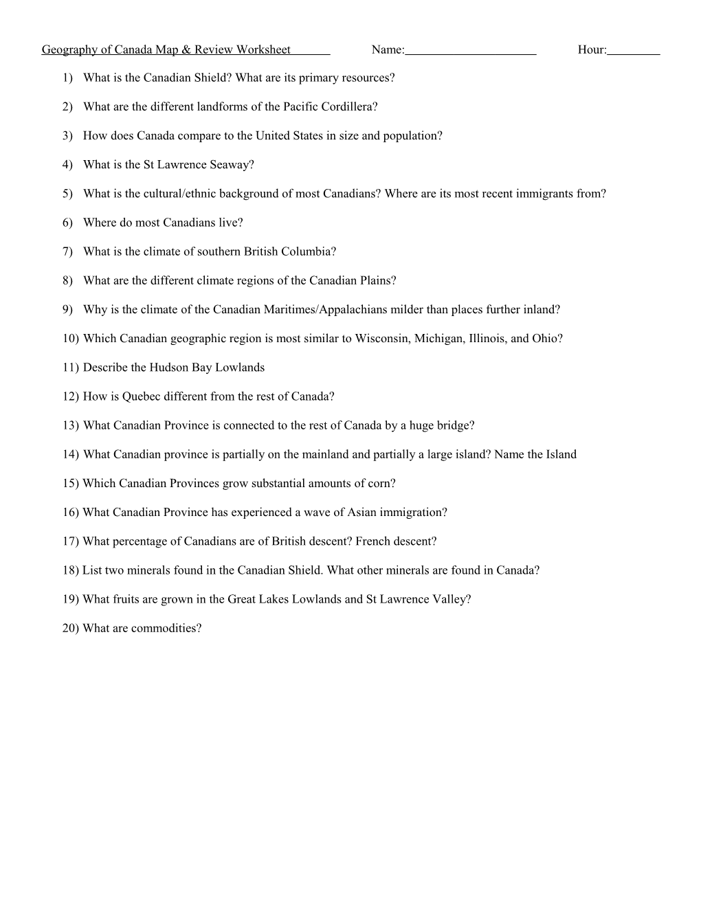 Geography Of Canada Map & Review Worksheet