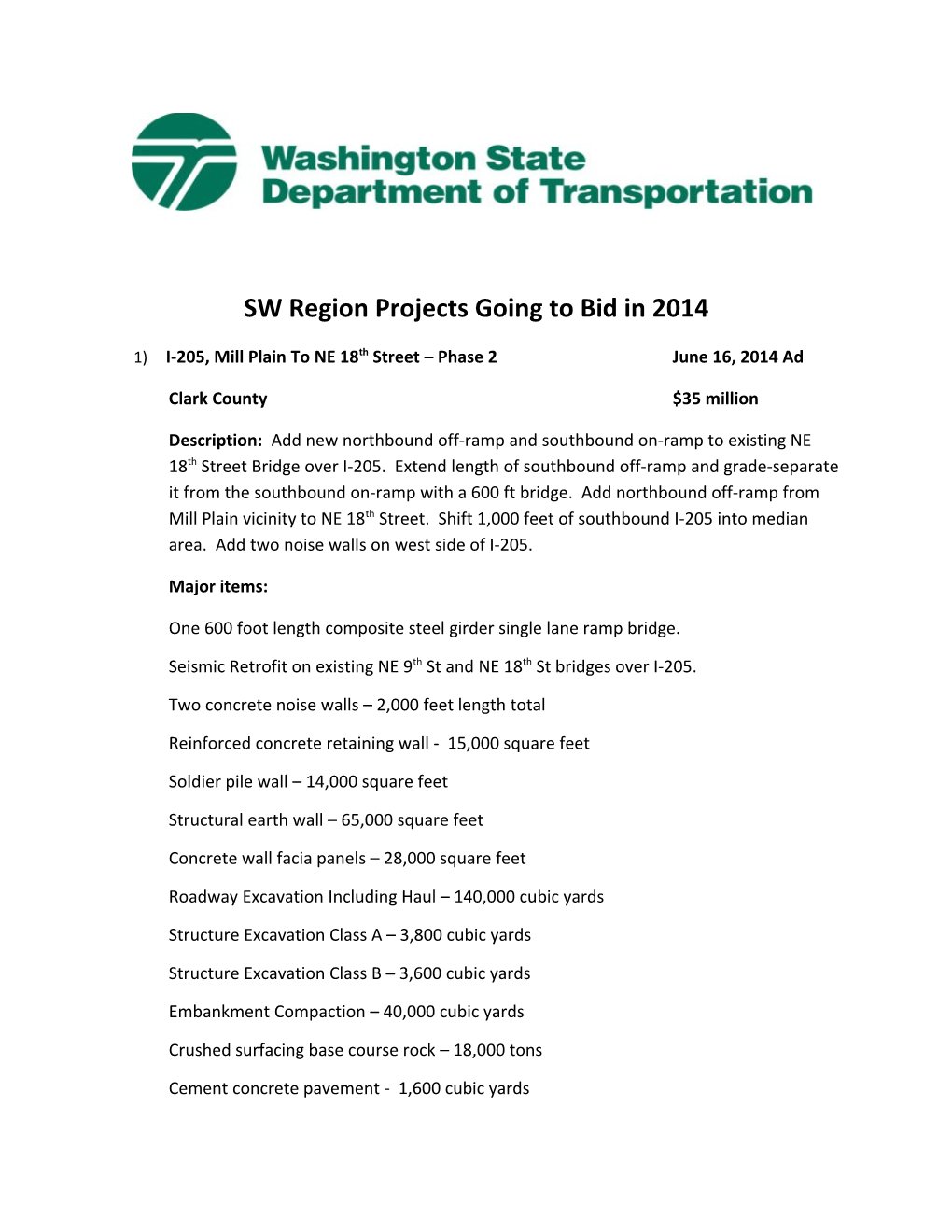 SW Region Projects Going to Bid in 2014