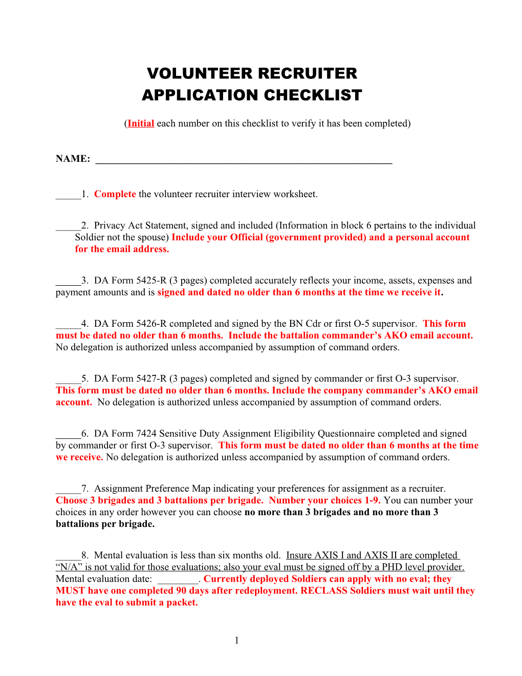 Volunteer Recruiter Application Checklist