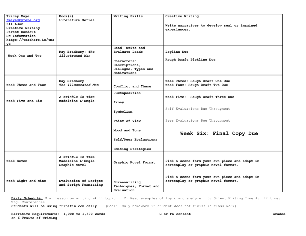 Narrative Requirements: 1,000 to 1,500 Words G Or PG Content Graded on 6 Traits of Writing