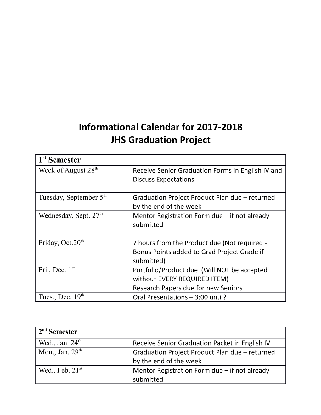 Informational Calendar for 2017-2018